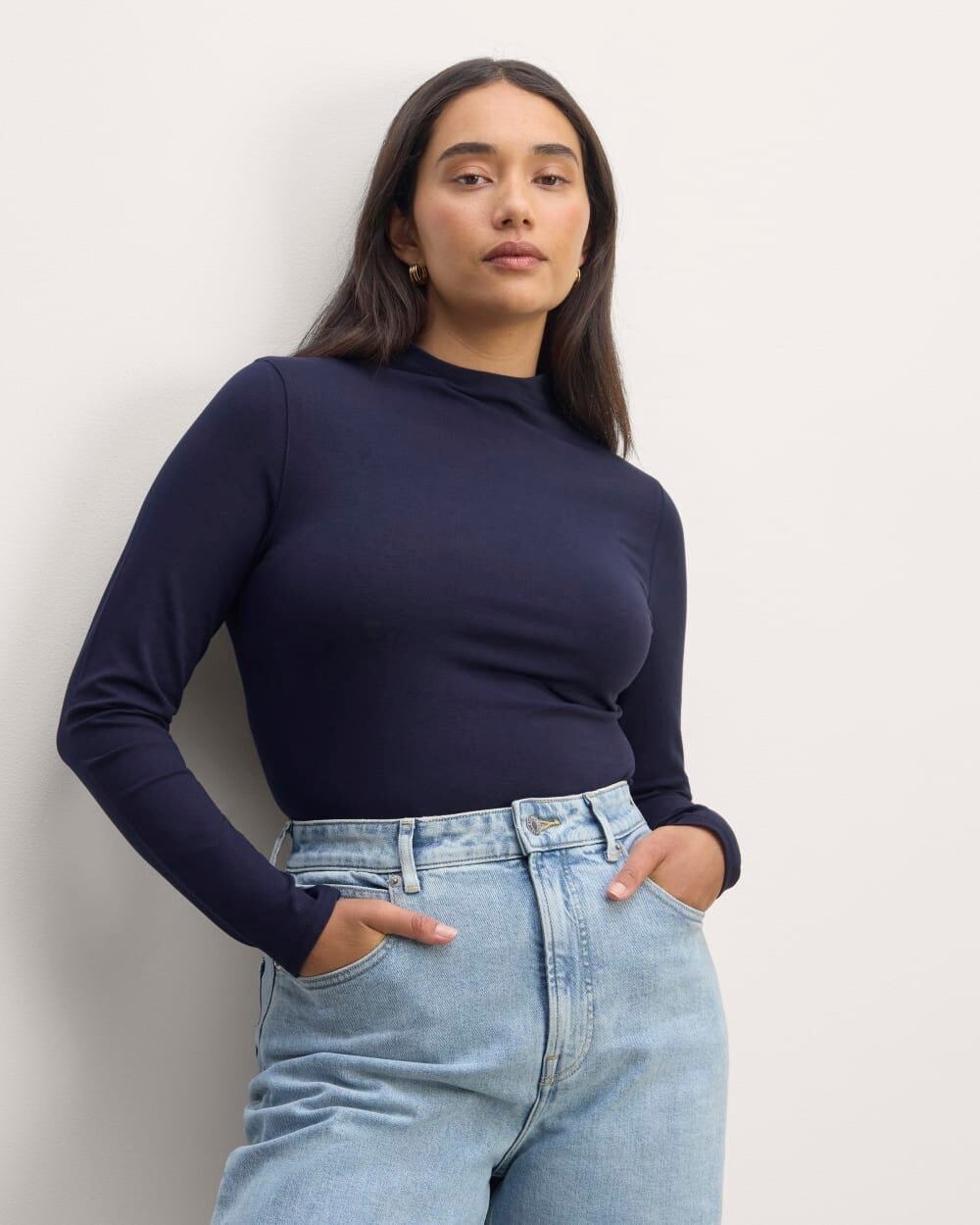 Everlane Supima Funnel Neck Long Sleeve Tee Navy L